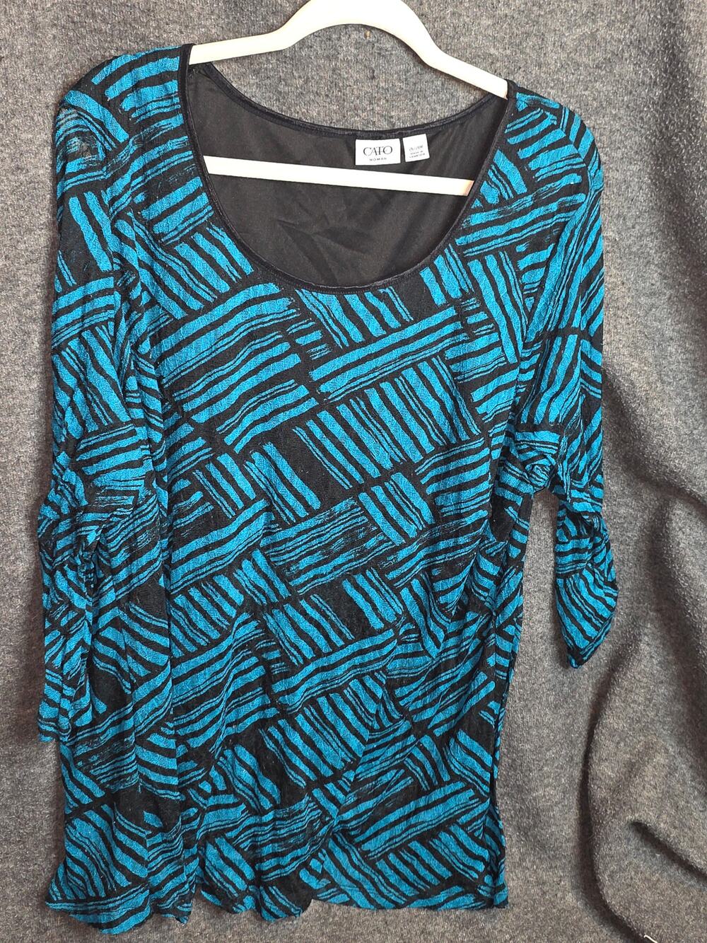 Cato Womens 26/28 Plus Geometric Textured Knit Top 3/4 Ruched Sleeve Teal Black